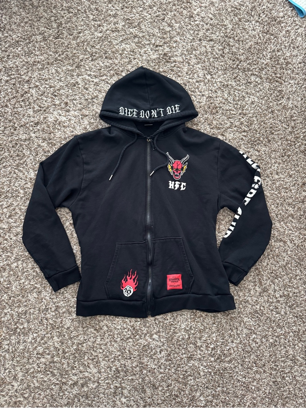 Black Graphic Zip-Up Hoodie with Red Devil Emblem